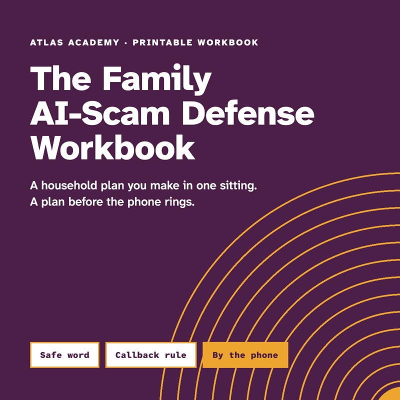 Cover of The Family AI-Scam Defense Workbook: white type on plum with marigold concentric arcs, and three labels: Safe word, Callback rule, By the phone.