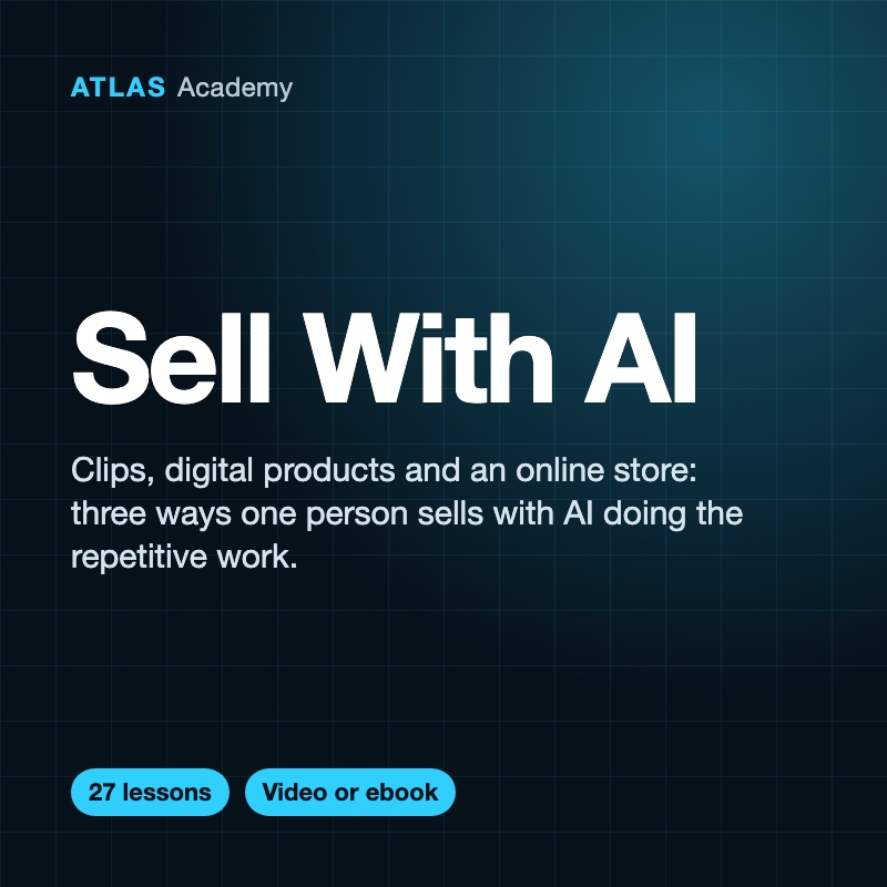 Cover of Sell With AI: white type on dark blue with a faint grid, and the line "Clips, digital products and an online store".